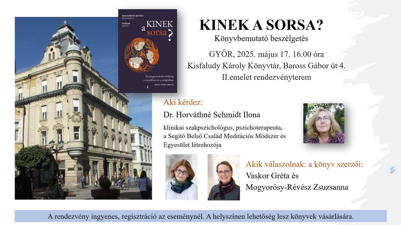 A könyvbemutató plakátja a kötet borítójával, a helyszín és az időpont adataival, valamint a beszélgetés résztvevőinek fényképével.