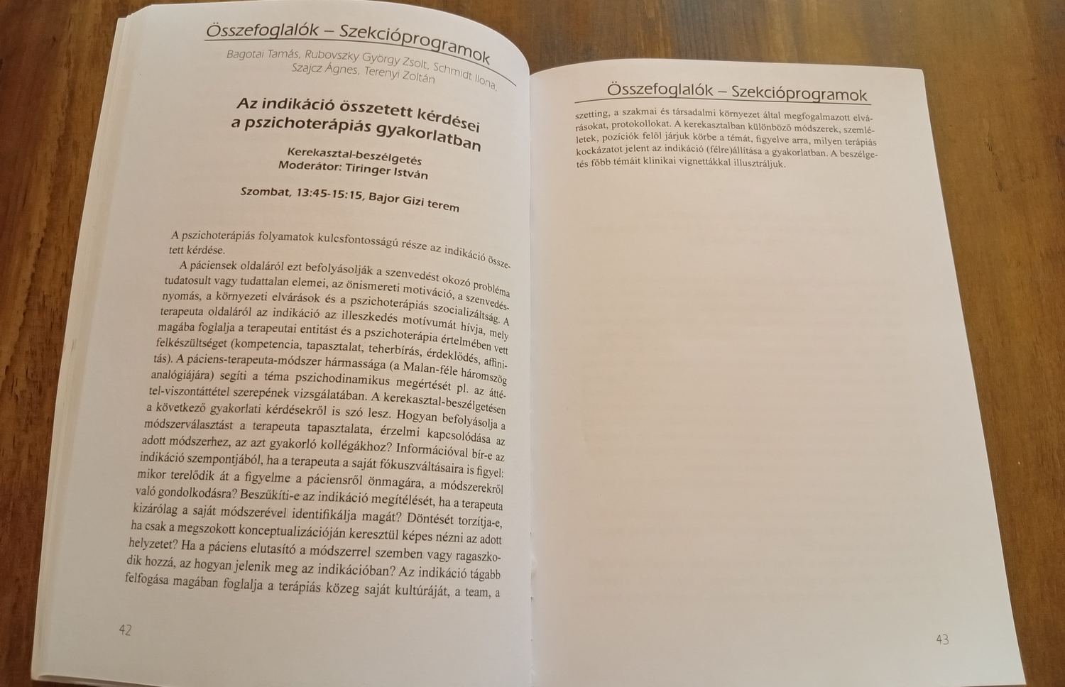 Az absztraktkötet két oldala az „Az indikáció összetett kérdései a pszichoterápiás gyakorlatban” című kerekasztal összefoglalójával.