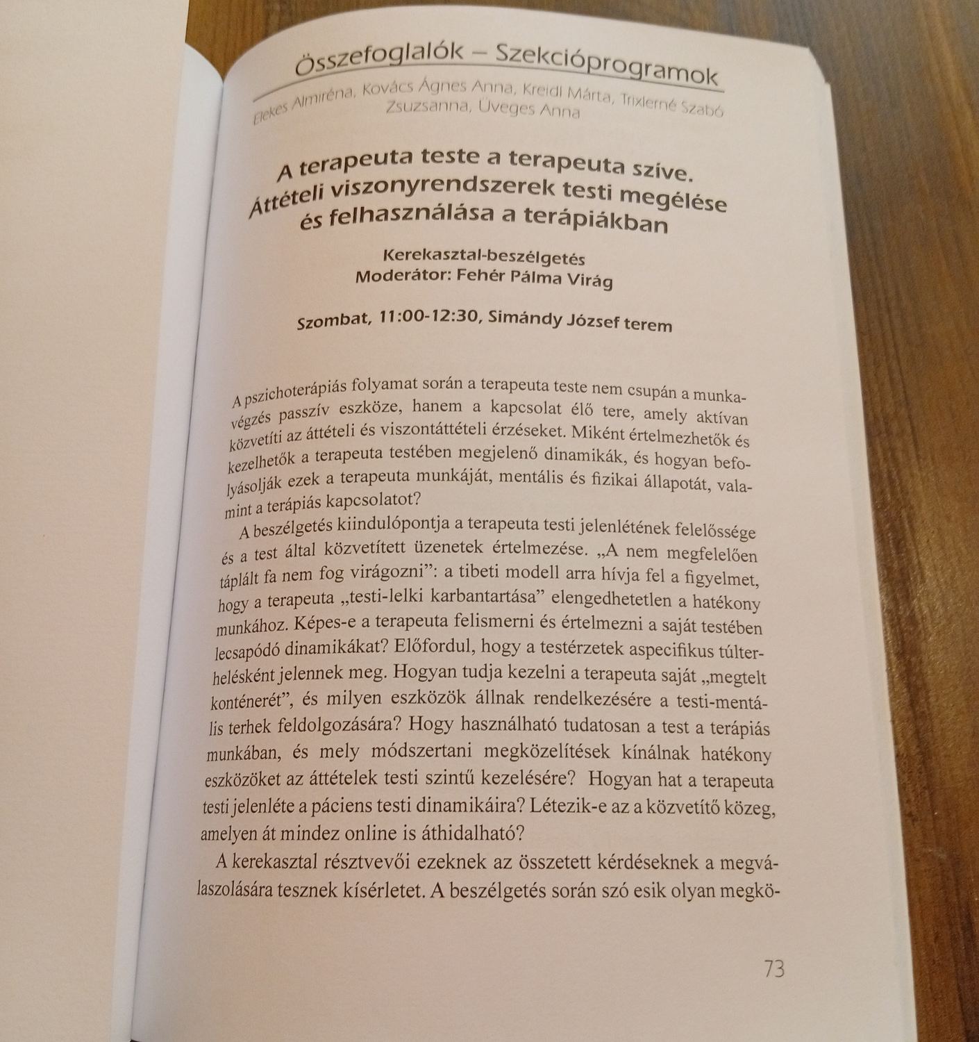 Az absztraktkötet oldala „A terapeuta teste a terapeuta szíve” című kerekasztal összefoglalójával.