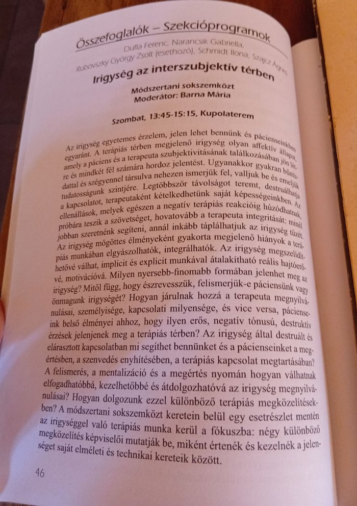 Az absztraktkötet oldala az „Irigység az interszubjektív térben” című módszertani sokszemközt összefoglalójával.